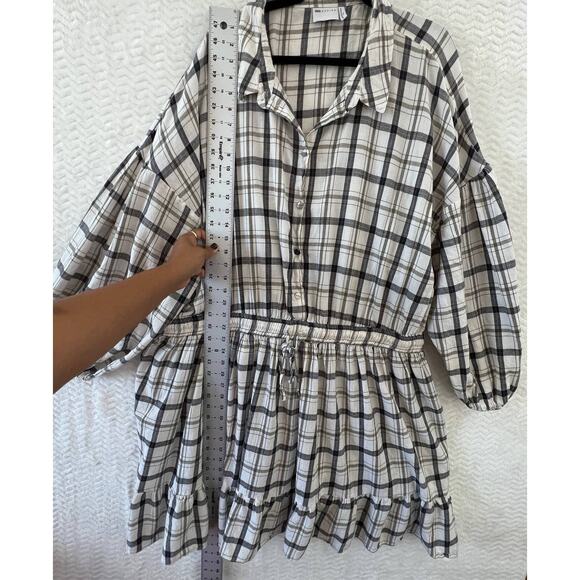 Asos Curve Flannel Check Button Down Open Back Balloon Sleeve Skater Dress Sz 24 - Picture 11 of 13